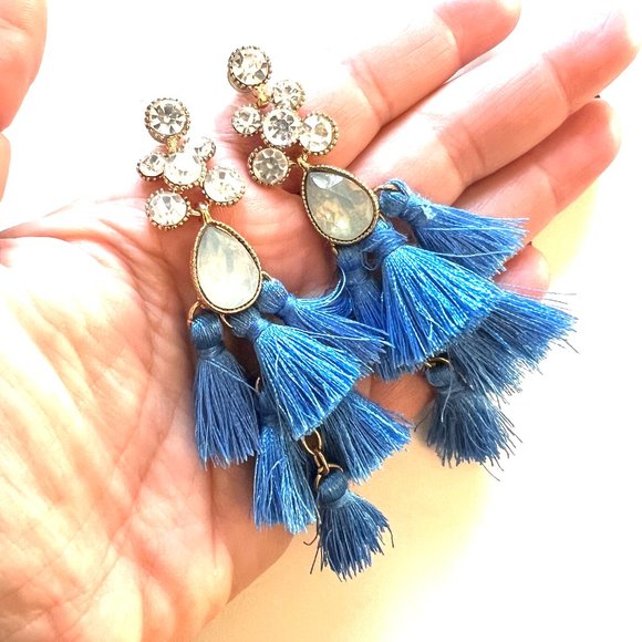 Gorgeous Vibrant Multi Tiered Drop Blue Tassel Earrings with Crystal Rhinestone - Picture 6 of 9